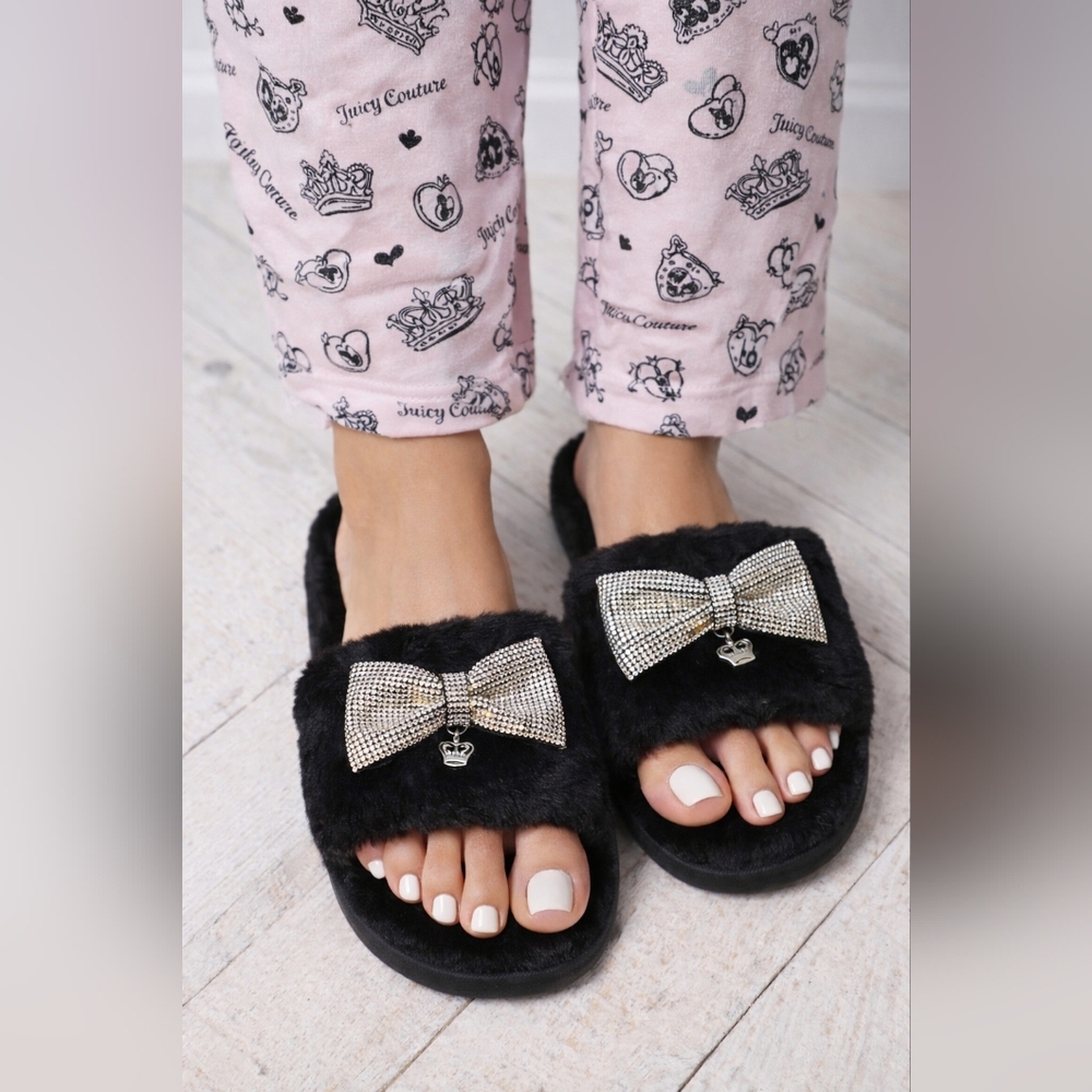 NWT Juicy Couture Black Open Toe Slippers With Faux Crystal Bow + Crown Charm